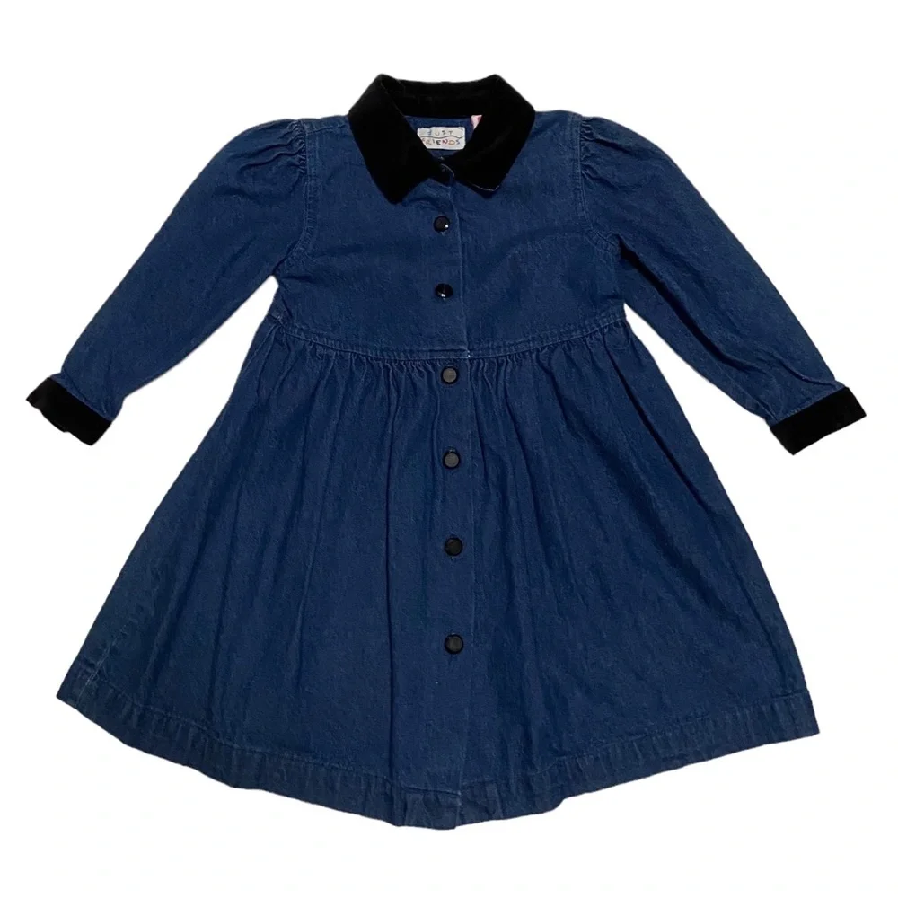Vintage Just Friends Denim Dress Long Sleeve Velvet Collar & Cuff Dress 3T